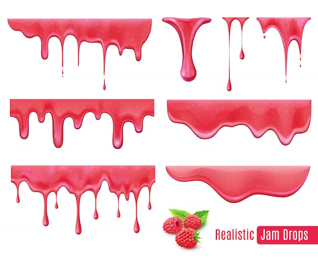 Melting raspberry jam drops realistic set