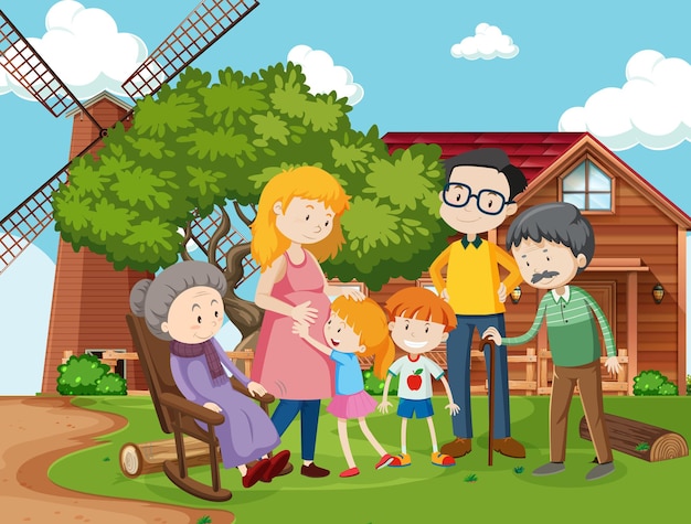 Free vector member of family at farm house outdoor scene