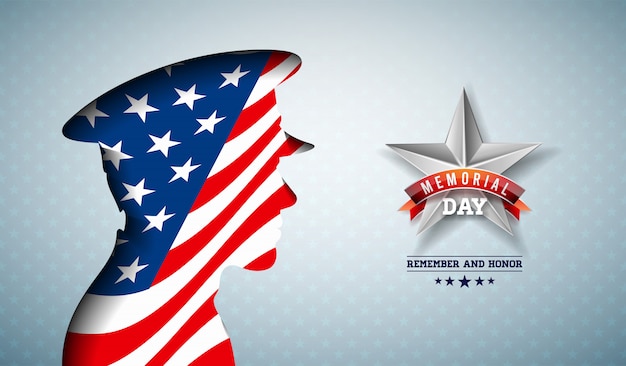 День памяти сша иллюстрации. американский национальный дизайн празднования с флагом в патриотическом силуэте солдата на легком фоне звездного образца для баннера, поздравительной открытки или праздничного плаката