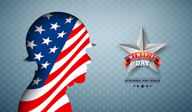 День памяти сша иллюстрации. американский национальный дизайн празднования с флагом в патриотическом силуэте солдата на легком фоне звездного образца для баннера, поздравительной открытки или праздничного плаката