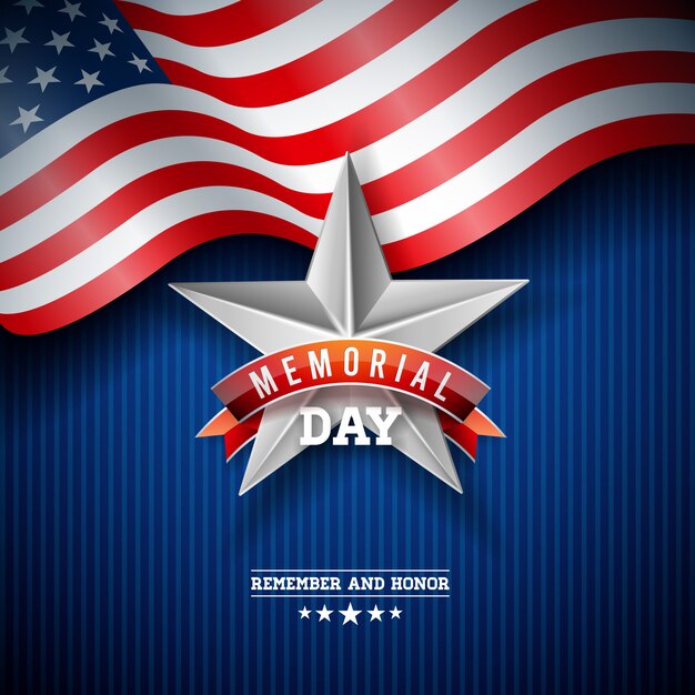 День памяти шаблона дизайна США с американским флагом на фоне падения красочные звезды.