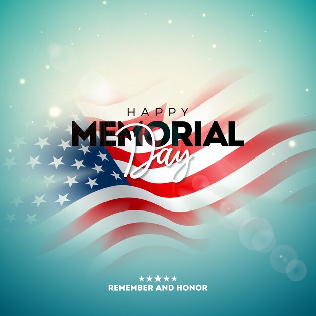 明るい背景にぼやけているアメリカ国旗を持つアメリカデザインテンプレートの記念日。バナー、グリーティングカード、招待状、または休日のポスターのための国民の愛国的なお祝いイラスト。