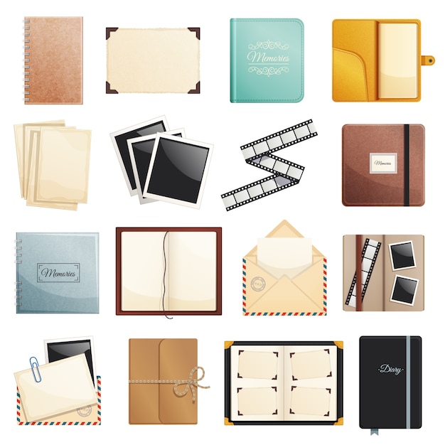 Free vector memories collection of photo album scrapbook notepad diaries postal envelope film slide folders isolated decorative elements illustration