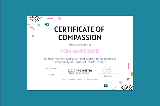 Memphis colorful homeless shelter volunteer certificate