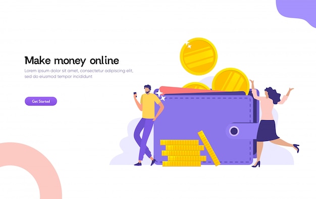 Мужчины и женщины с большим кошельком и стопкой монет, онлайн-платежами, электронным переводом концепции иллюстрации цифрового кошелька