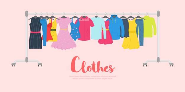 店内ハンガーに男女カジュアル 服やアクセサリーファッションのアイコンを設定します 新しいファッションコレクション 季節の販売コンセプト フラットプレーンスタイルのイラスト プレミアムベクター