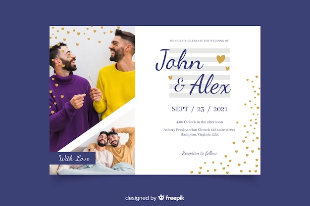 Men celebrate wedding with invitation photo