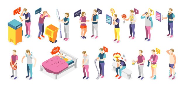 Men communication choosing presents for women dealing with financial physical stress relations problems isometric set vector illustration