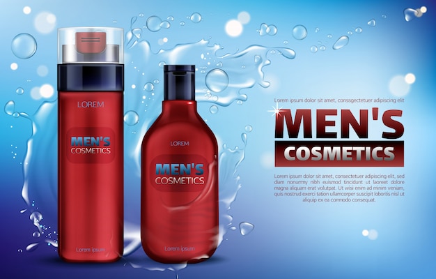 Men cosmetics, shower gel, shampoo, shaving foam 3d realistic ads poster.