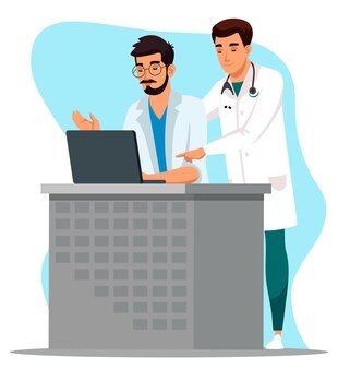 男性医師専門クリニックスタッフチームワーク。医療情報について話し合うコンピューターモニター画面を見ている開業医。