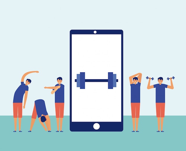 Бесплатное векторное изображение Мужчины, осуществляющие с помощью смартфона в центре, концепция онлайн фитнес