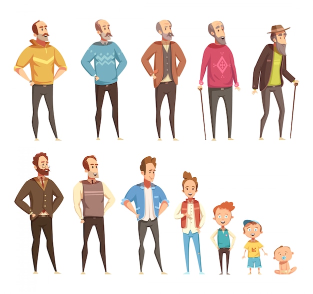 Набор плоских цветных значков для мужчин разных возрастов, от детей до пожилых, изолированных мультяшный векторная иллюстрация