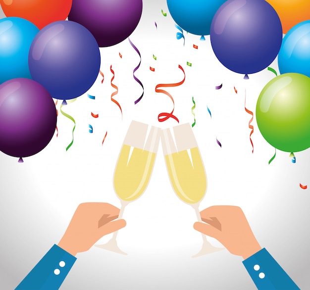 Free vector men hand with champagne and balloons with confetti