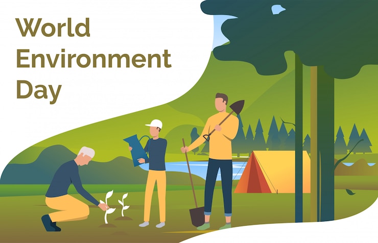 Free Vector men holding spades and planting trees in wild nature