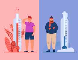 Бесплатное векторное изображение Мужчины в жару и холодную погоду плоской иллюстрации