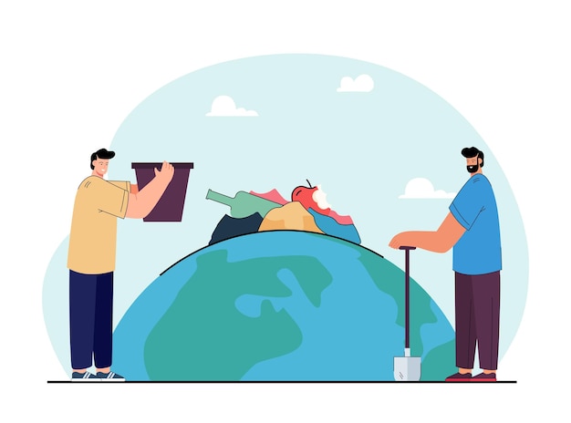 Men removing trash from planet flat vector illustration