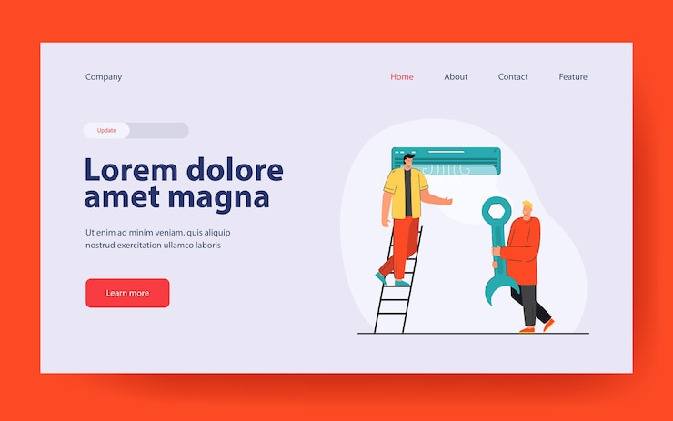 Free Vector men repairing air conditioning system landing page in flat style