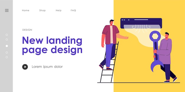 Vettore gratuito uomini che riparano il sistema di aria condizionata. due personaggi maschili che riparano il balsamo rotto, tengono una chiave inglese, in piedi su una scala, comunicano. concetto di riparatore per banner, sito web o pagina di destinazione