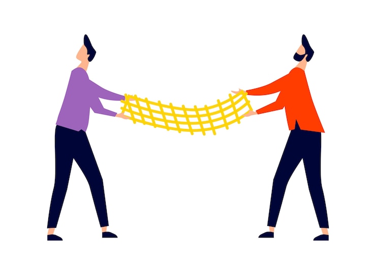 Free Vector men stretched out trampoline net, rescue from falling from height concept, cartoon illustration icon