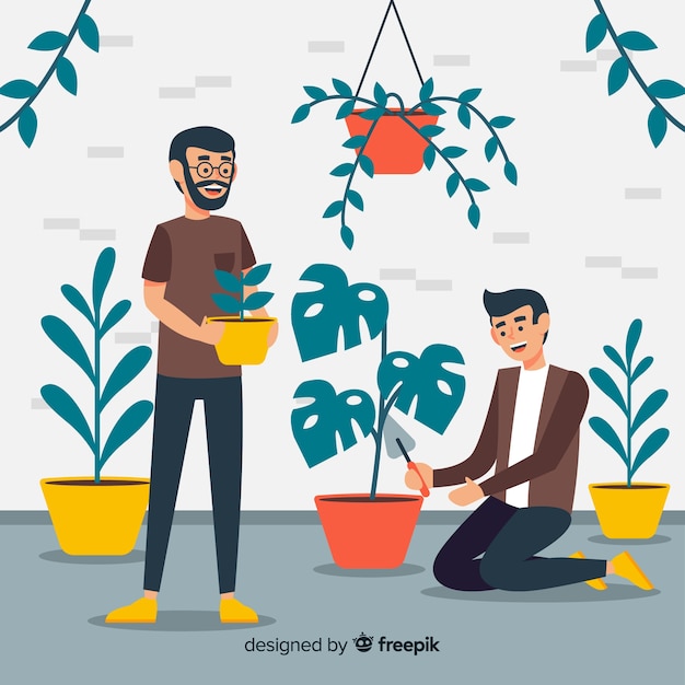 Free vector men taking care of plants