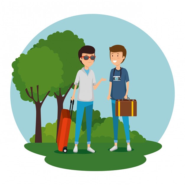 Мужчины турист с чемоданом и багажом для путешествий
