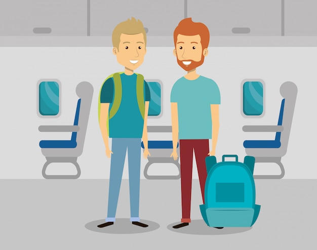 Free vector men travelers in the airplane