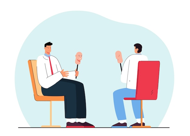 Men with masks sitting opposite each other. Flat illustration