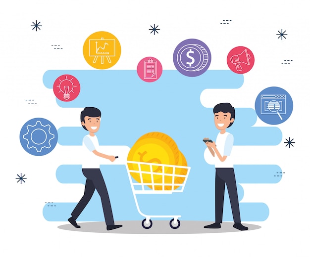 Free vector men with shopping car and business coins