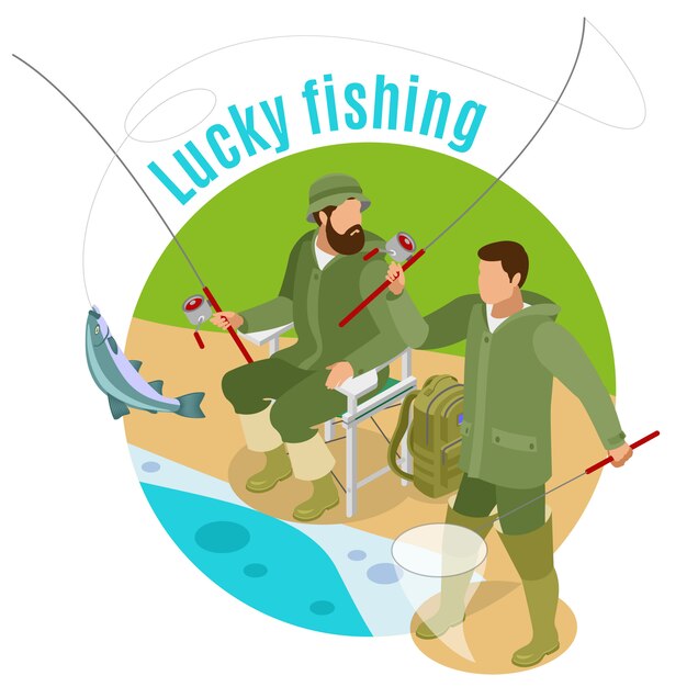 Men with spinning rods and haul during lucky fishing on round