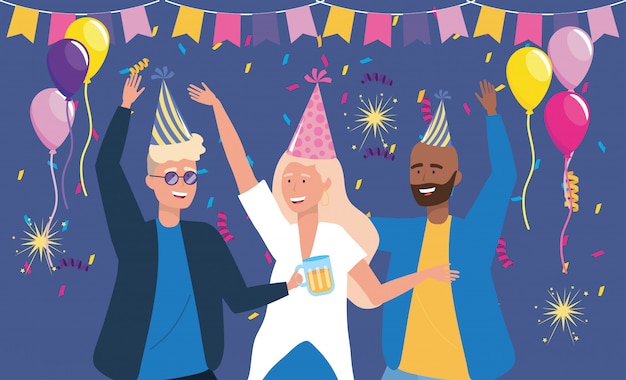 Free vector men and woman dancing with confetti decoration