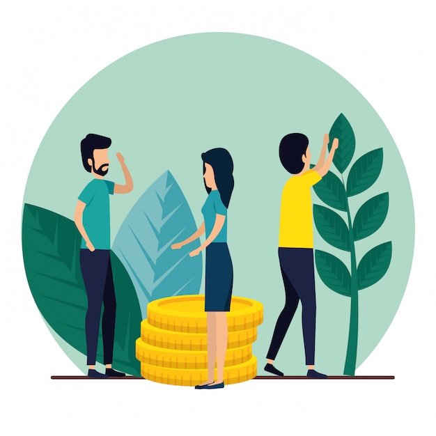Free vector men and woman teamwork with coins and plants