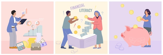 Vettore gratuito uomini e donne che promuovono l'alfabetizzazione finanziaria e risparmiano denaro piatto isolato illustrazione vettoriale