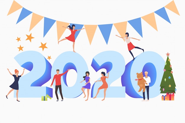 Vettore gratuito uomini e donne che celebrano il nuovo anno 2020