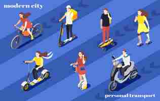 Free vector men and women riding bike unicycle scooter roller skates skateboard around city isometric