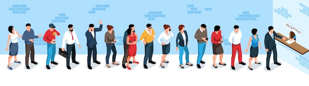 Men and women standing in long queue at reception 3d isometric illustration