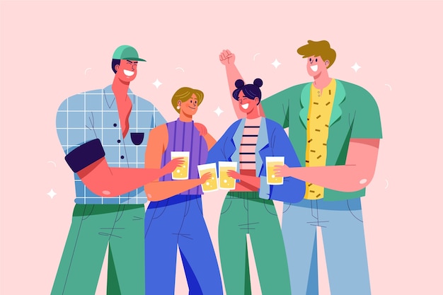 Men and women toasting together illustration