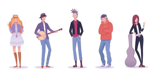 Free vector men and women of various musical subculture set hippie hipster folk musician with banjo rocker punk hiphop rapper