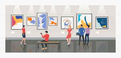 Free vector men and women visiting museum or art gallery illustration