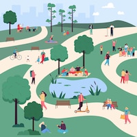 Men and women walking, having picnic and doing exercises in park. crowd of cartoon people doing various activities, person on bicycle, girl doing yoga flat vector illustration. summer, leisure concept