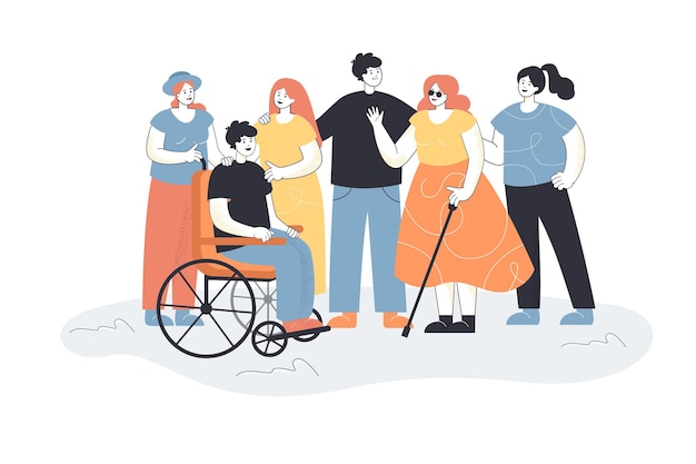 장애인을 환영하는 남녀. 시각 장애인 여성 캐릭터와 휠체어를 탄 남성을 만나는 사람들의 그룹입니다.
