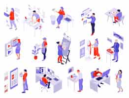 Free vector men and women working as interior graphic interior environmental fashion web designers isometric set isolated vector illustration