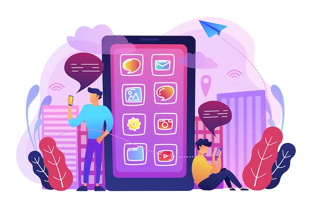 Vettore gratuito un uomo vicino a un enorme smartphone con le icone delle applicazioni sullo schermo che controlla i social media e l'illustrazione dei feed di notizie
