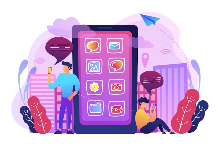 Бесплатный Вектор мужчина рядом с огромным смартфоном с иконками приложений на экране проверяет иллюстрации в социальных сетях и новостных лентах