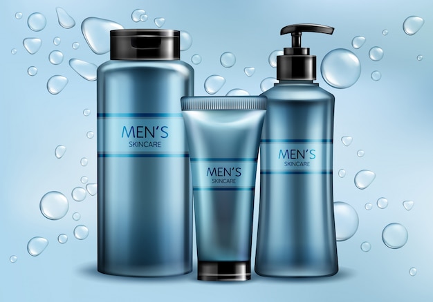 Mens skincare cosmetics line 3d realistic vector advertising mockup.