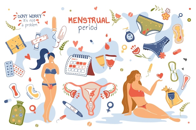 Menstrual period concept isolated elements set