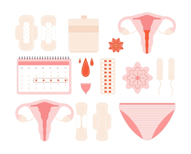Menstruation. girl periods, female menstrual hygiene. sanitary problems cycle, uterus and tampons, flowers, calendar. vector feminine icons. menstruation monthly cycle, hygienic illustration Premium Vector