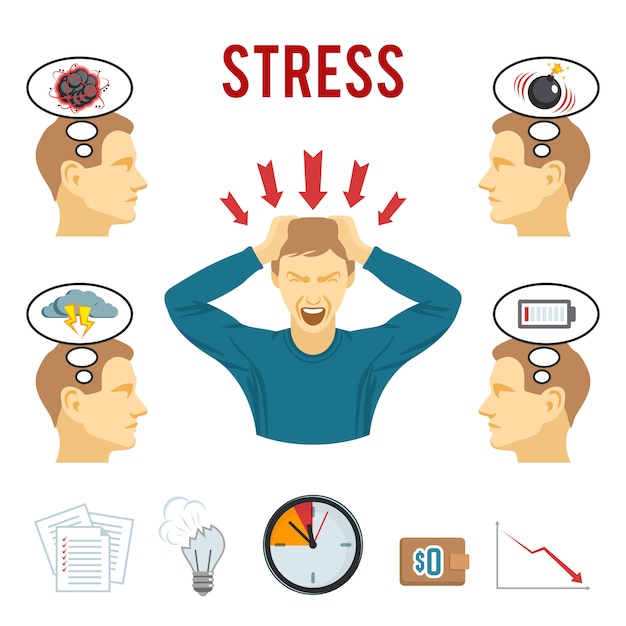 Mental disorder and stress icons set