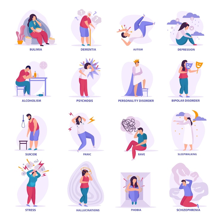 무료 Vector 정신 장애 평면 아이콘 그림 양극성 장애 치매 자폐증 폭식증 우울증 몽유병 환각 절연 벡터 일러스트 레이 션