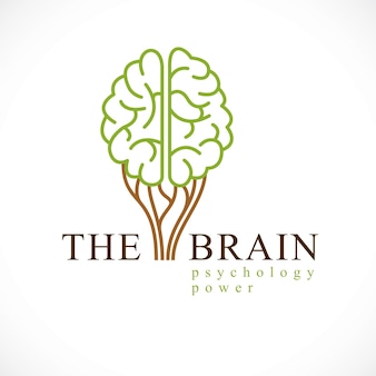 メンタルヘルス​と​心理学​の​概念​、​ベクトルアイコン​または​ロゴ​デザイン​。​緑​の​健康な​木​の​形​を​した​人間​の​解剖学的​脳​、​個性​と​個性​の​成長​と​全盛期​。