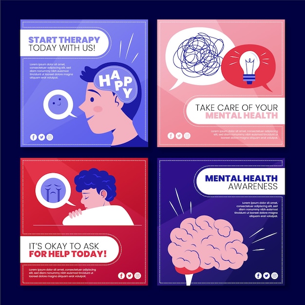 Free vector mental health instagram posts collection